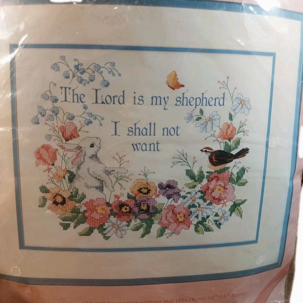 Vtg From the Heart Stamped Cross Stitch Kit 23rd Psalm Floral Partly Finished